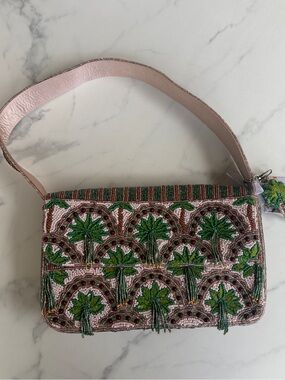 Palm Tree Beaded Palm Motif Shoulder Bag in Pink and Green - Viral, New